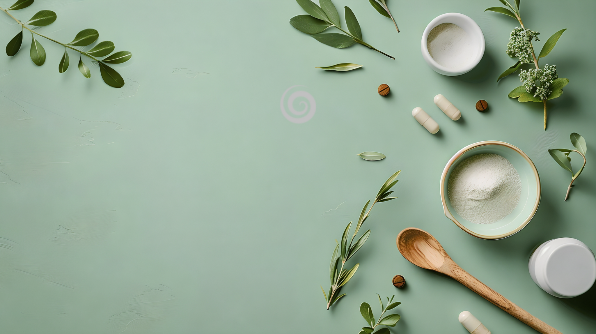 Green flat lay with Miracelle supplements, powder bowls and botanical elements
